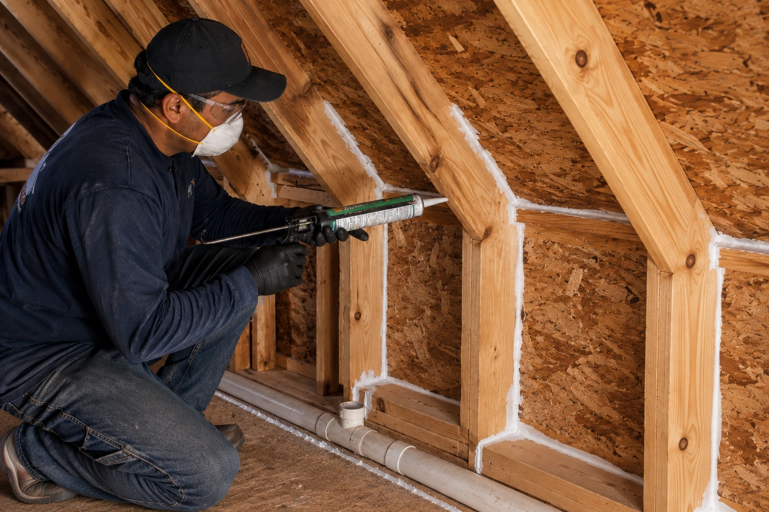 A masked worker applies white sealant along exposed roof framing with a caulking gun.