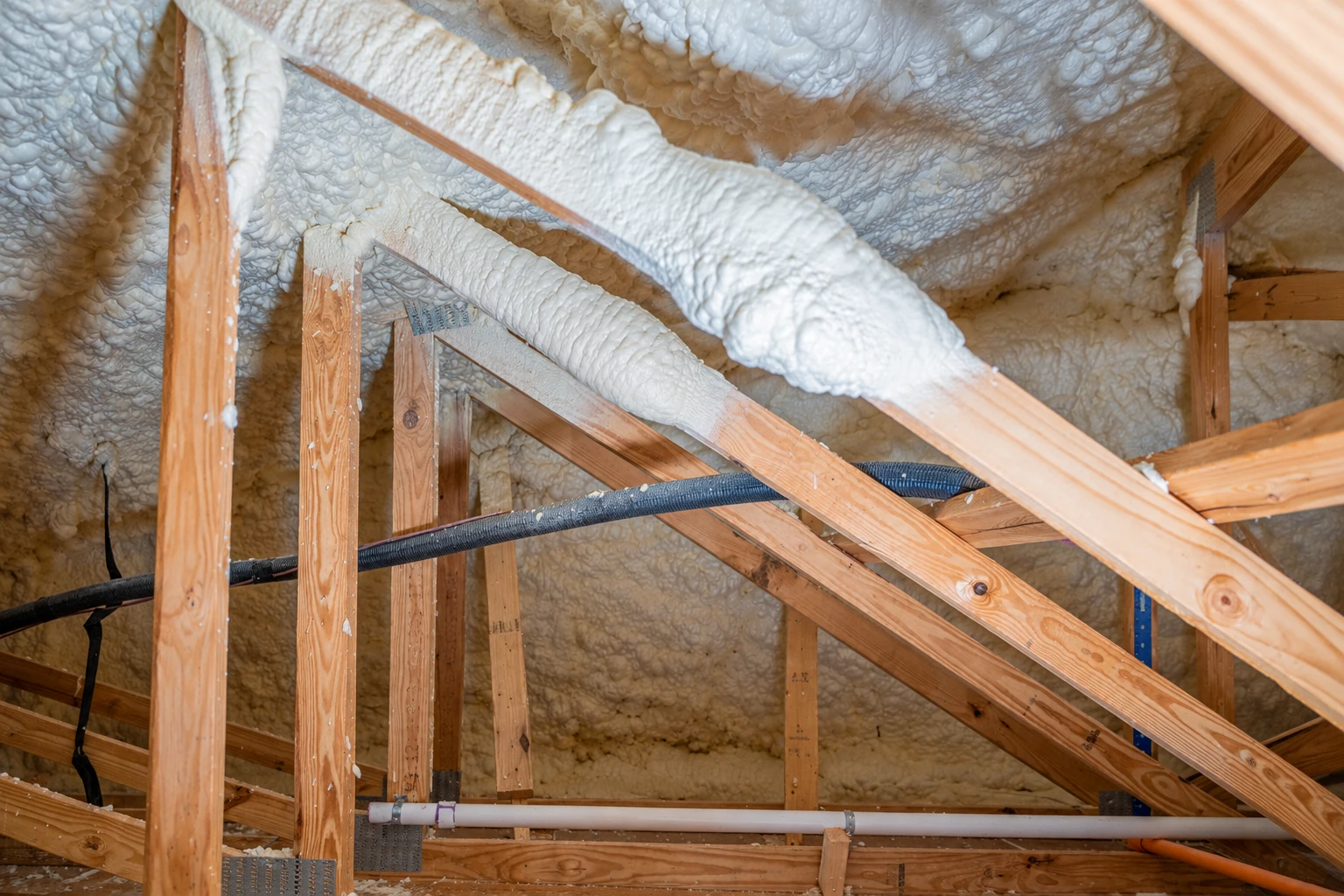 Spray foam seals the roof cavities and around exposed framing and pipes in an attic.