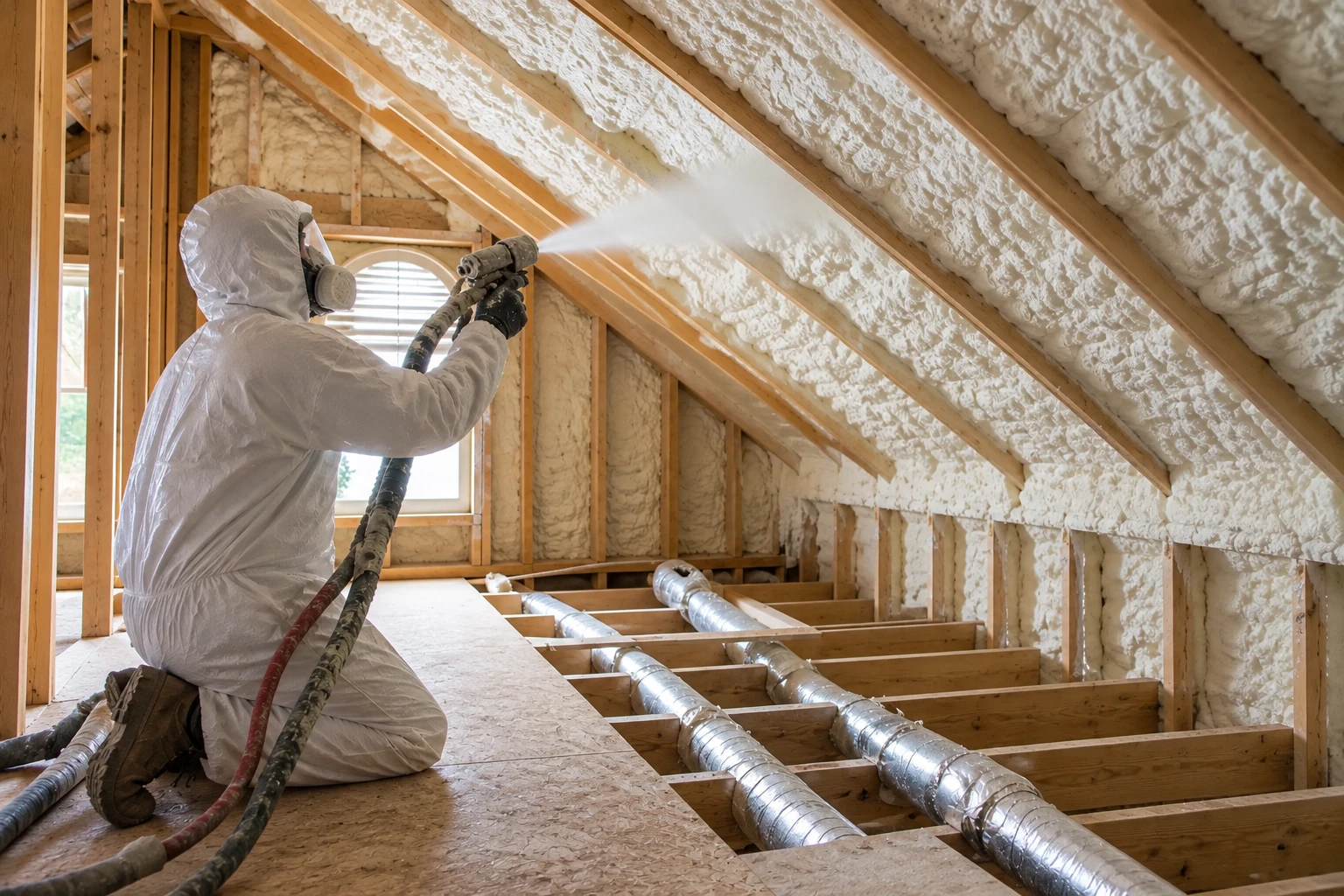 A worker in protective clothing sprays foam insulation along the sloped rafters of an attic.