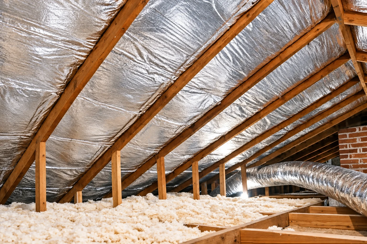 Attic air sealing with reflective foil lining the roof between exposed wooden rafters above loose-fill insulation.