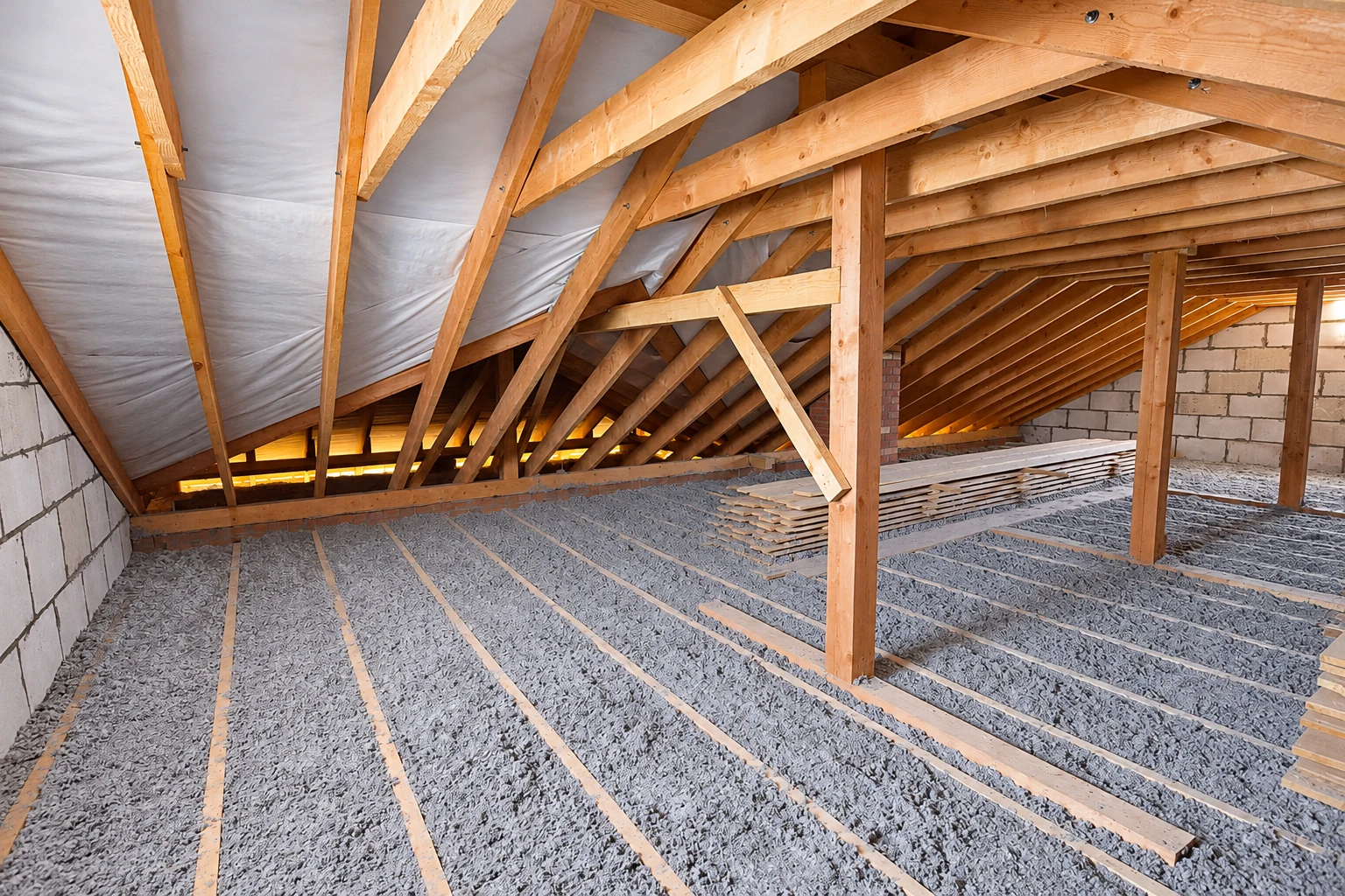 Attic insulation fills the floor beneath exposed wooden rafters, with white material lining part of the sloped roof.