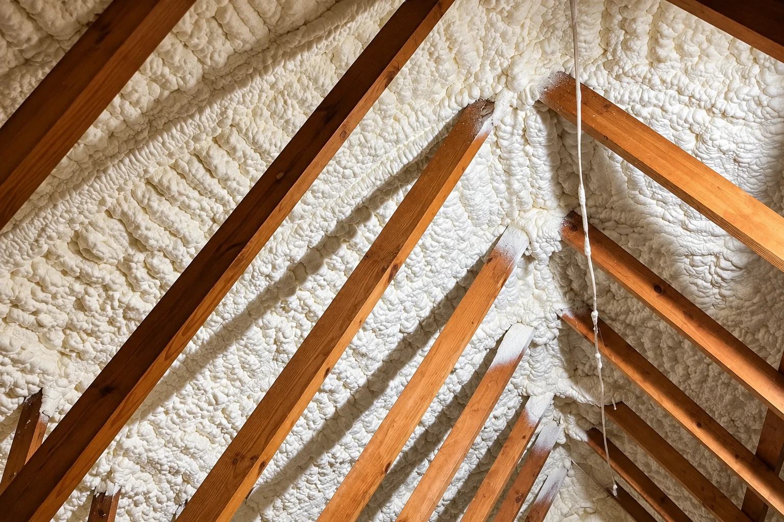 White spray foam insulation covers the underside of an attic roof between exposed wooden rafters.