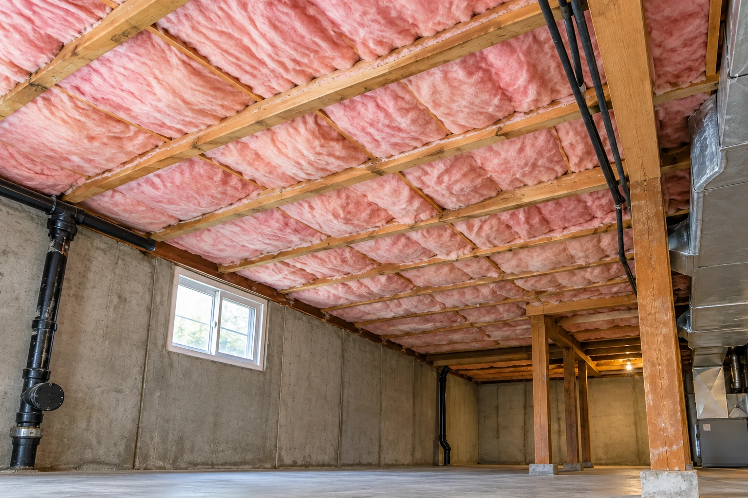Pink batt insulation fills the ceiling joists in an unfinished basement with concrete walls and exposed support posts.