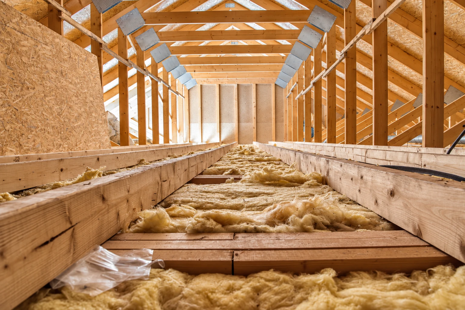 Loose-fill insulation lies between timber joists in an unfinished attic beneath exposed roof trusses.