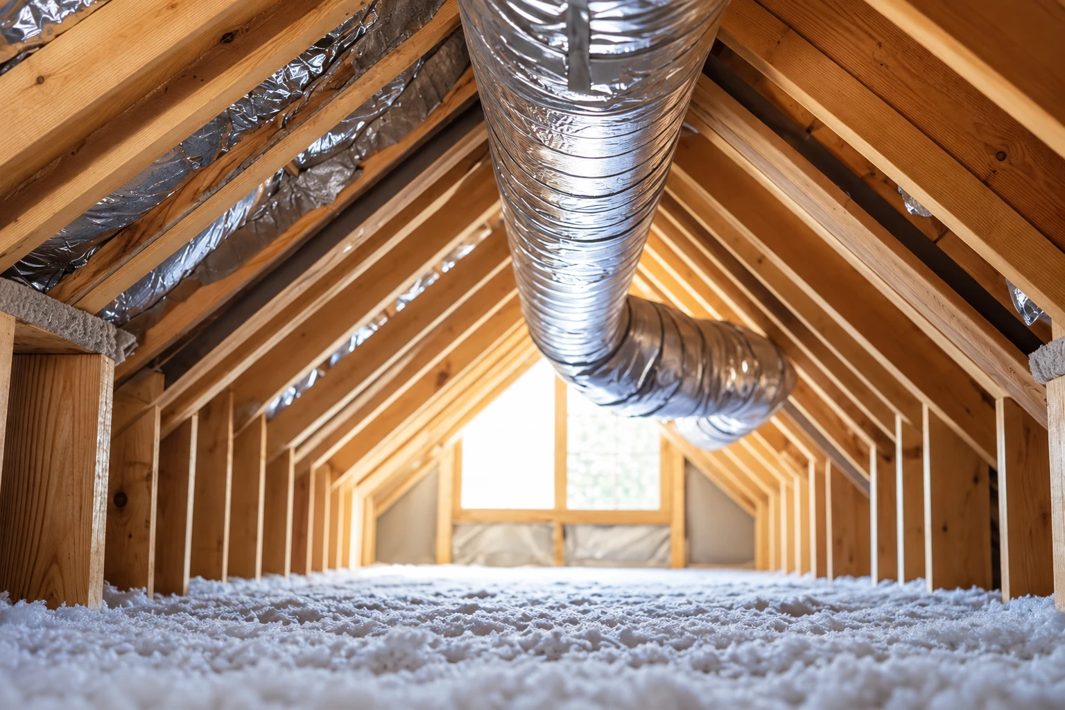 Blown-in insulation covers an attic floor beneath exposed wooden rafters and a large flexible silver duct.