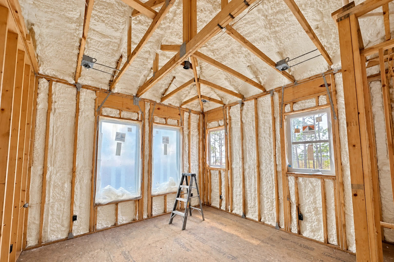 White spray foam insulation coats the walls and roof framing of an unfinished room with windows and a ladder.