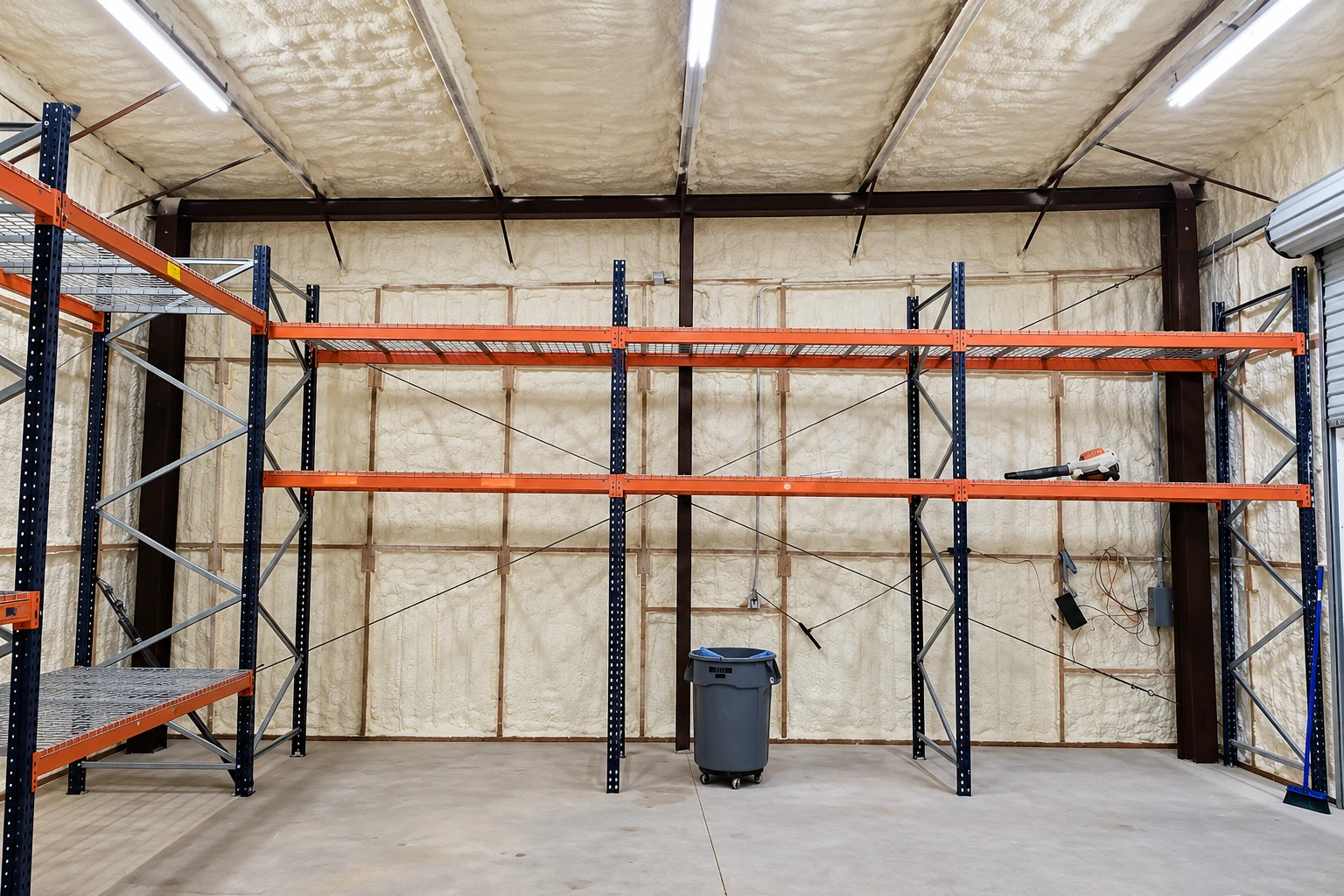 A commercial storage space has spray foam insulation covering its walls and ceiling behind empty metal shelving.