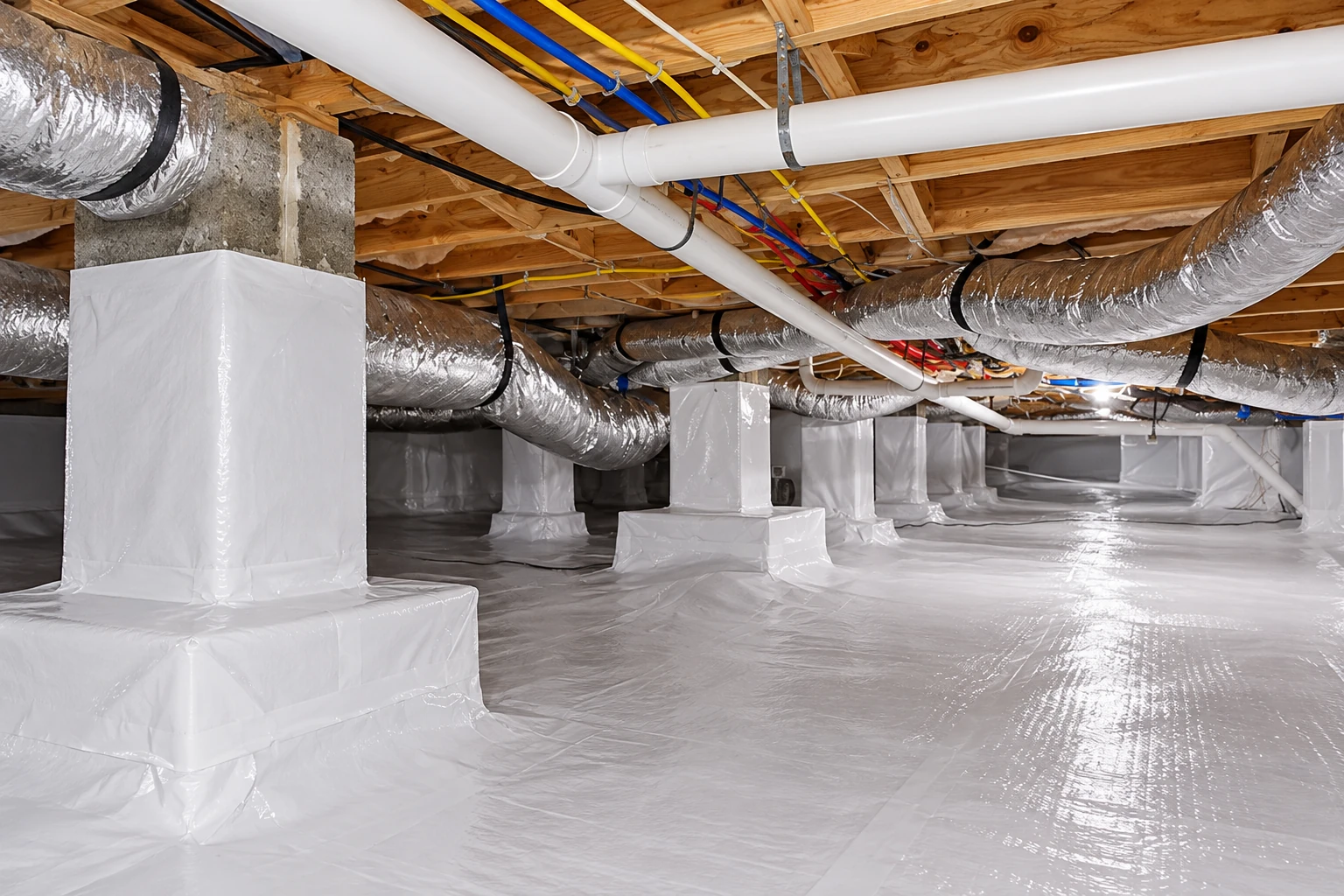 Crawl space with white vapor barrier covering the floor and support piers, beneath exposed joists, ducts, and pipes.