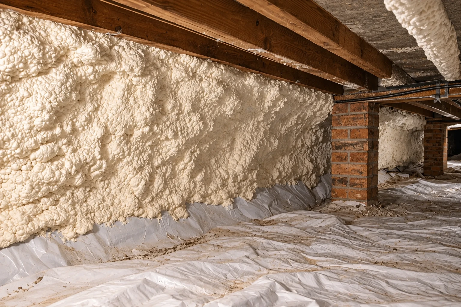 Crawl space with thick spray foam on the foundation wall and a wrinkled plastic vapor barrier across the ground.
