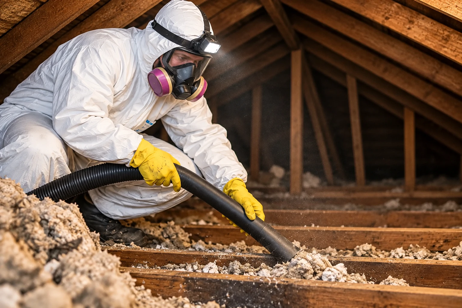 A worker in protective gear vacuums loose attic insulation between wooden rafters using a thick black hose.