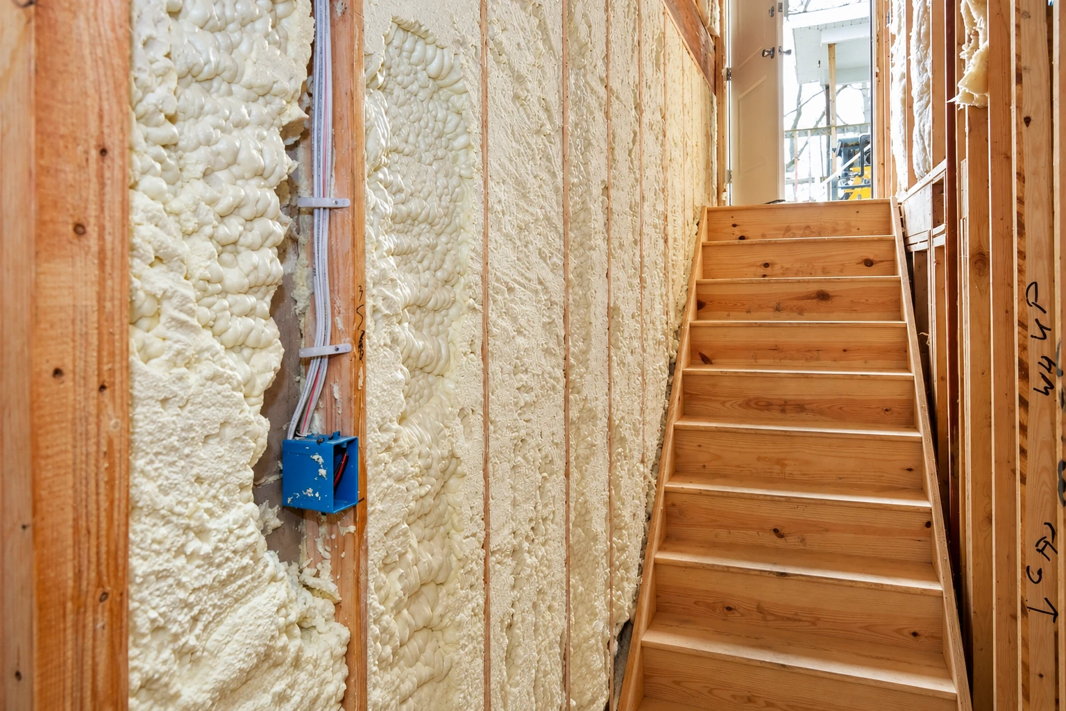 Open-cell foam fills exposed wall cavities beside a wooden staircase in an unfinished home.