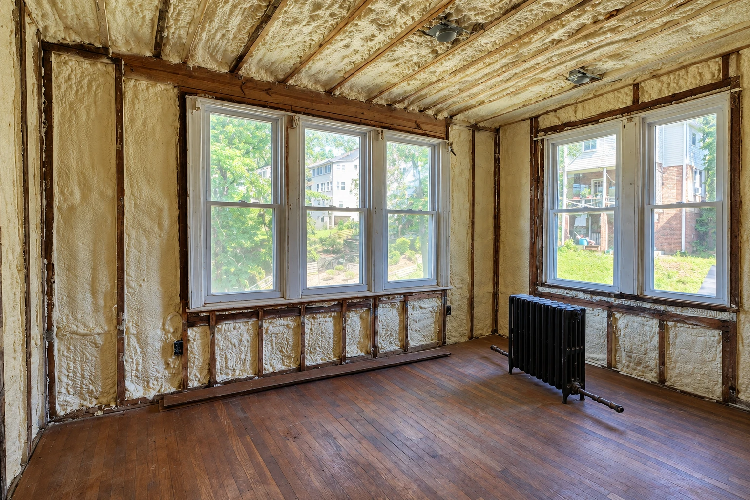 A stripped room has spray foam insulation between exposed wall studs and ceiling joists, with windows and a radiator.