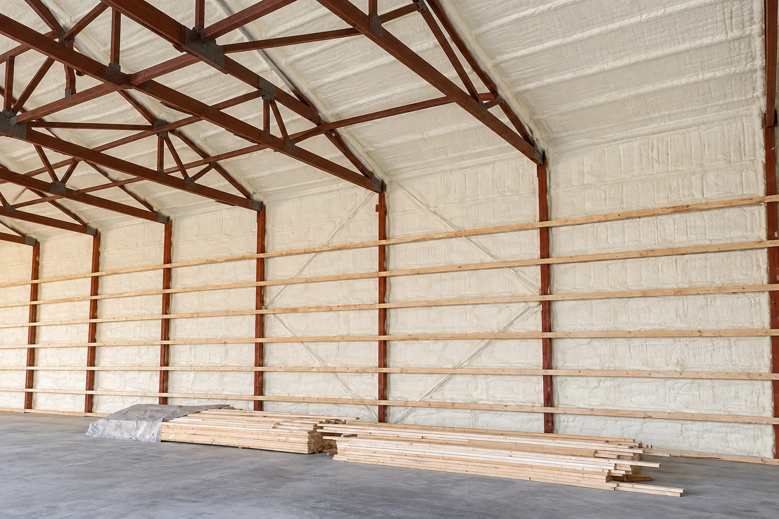Spray foam insulation coats the walls and roof of a large metal-truss building, with lumber stacked on the concrete floor.