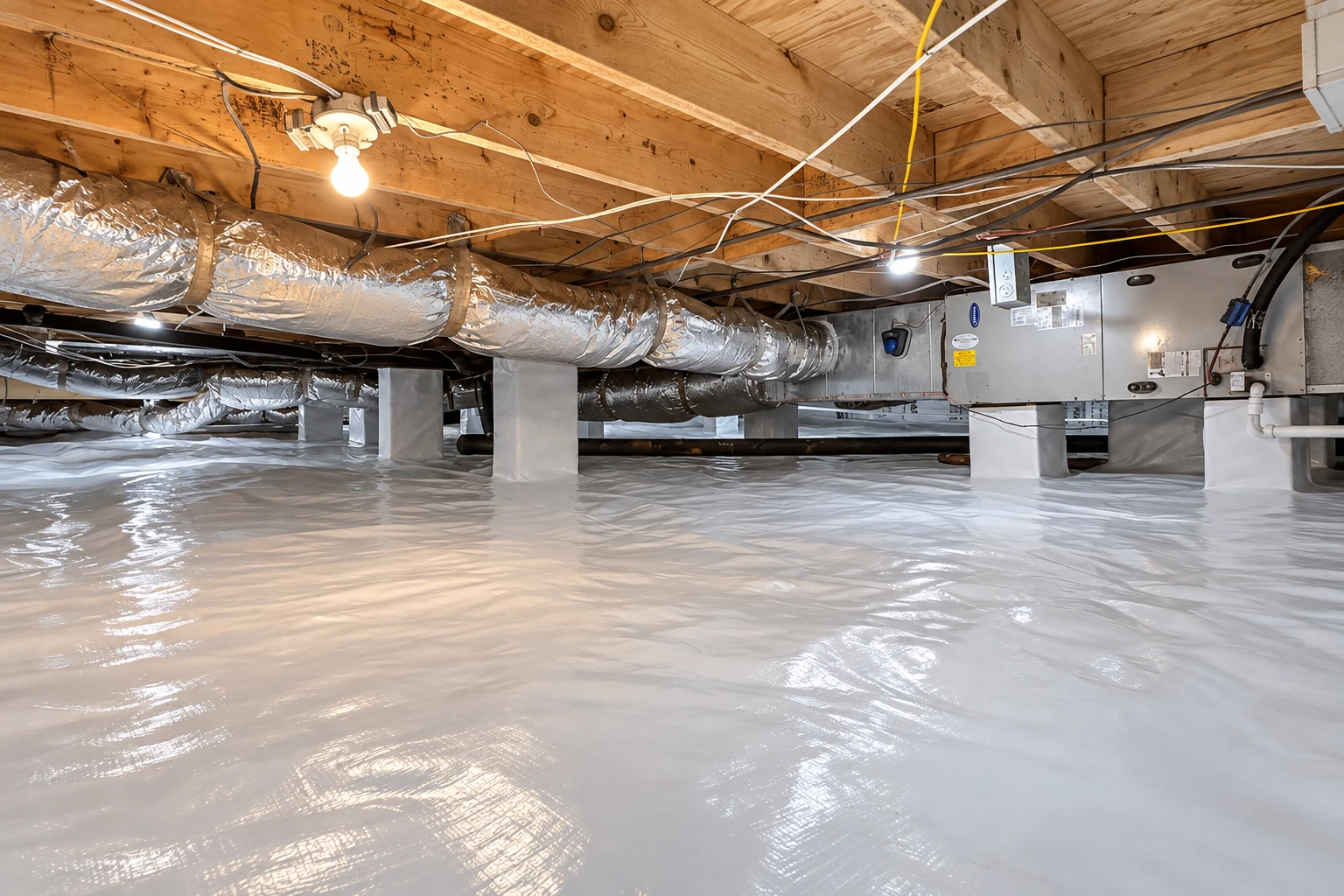 A crawl space shows a reflective vapor barrier covering the ground beneath ductwork and exposed floor joists.