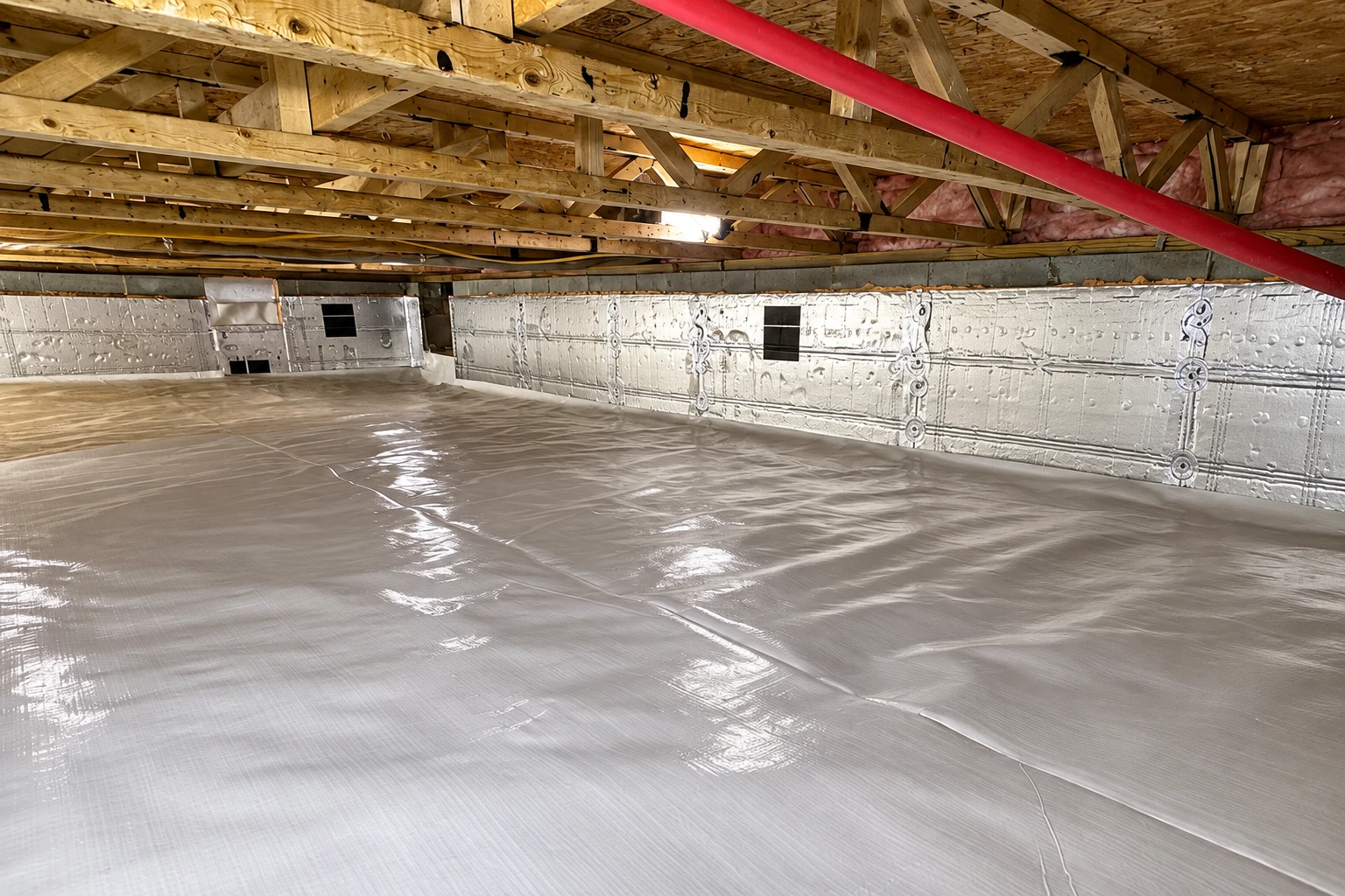 Crawl space with shiny plastic sheeting covering the ground, insulated foundation walls, exposed joists, and a red pipe overhead.