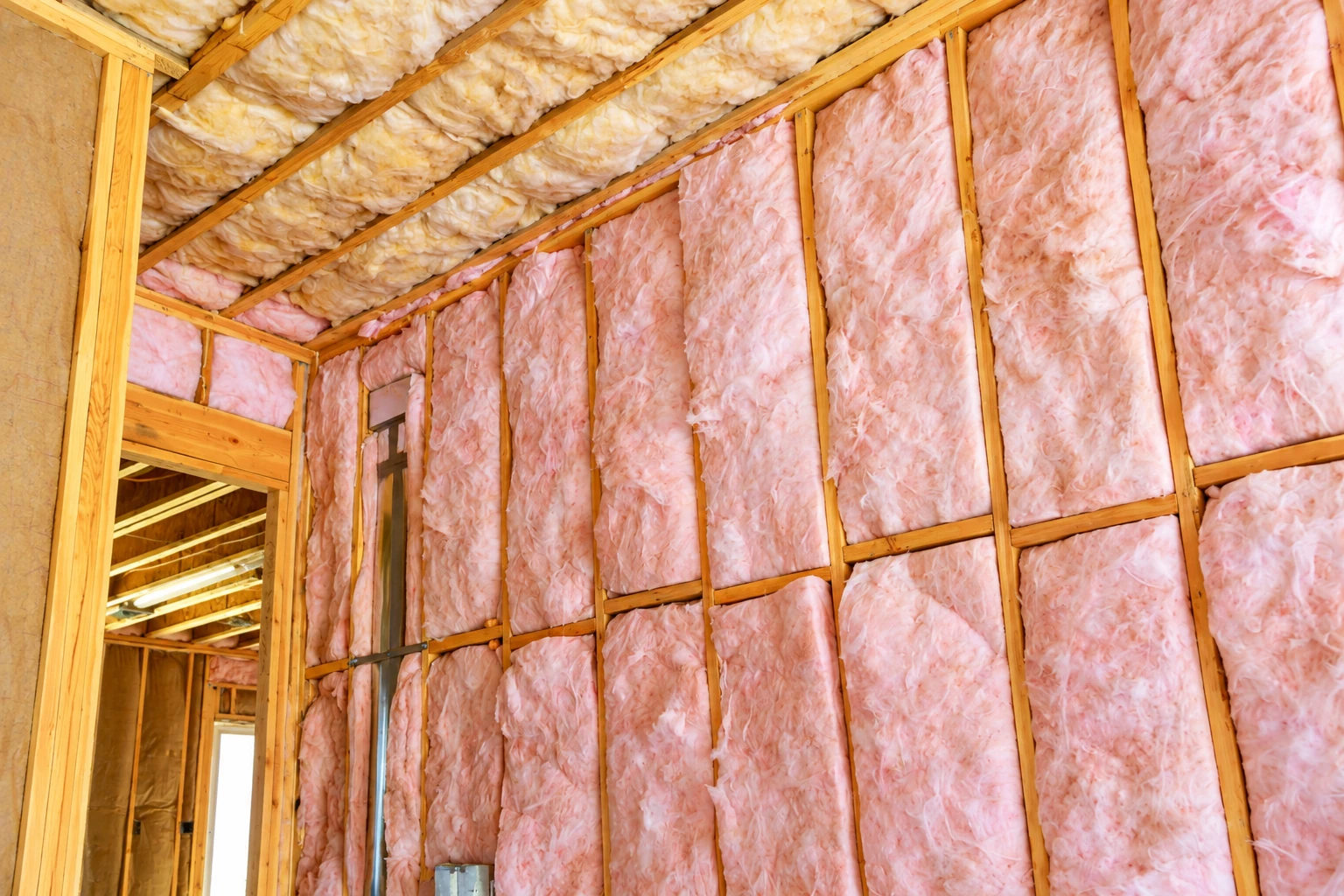 Pink fiberglass batts fill the exposed wall studs and roof framing of an unfinished room.